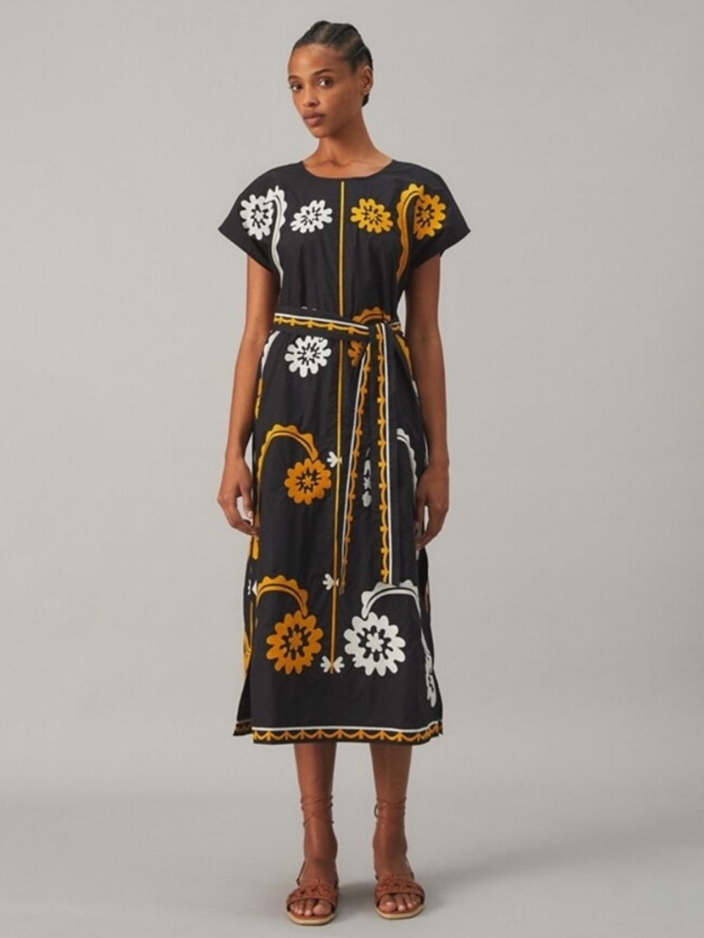 Tory Burch Embroidered Cotton Poplin Caftan Midi Dress Floral Black Gold White M
